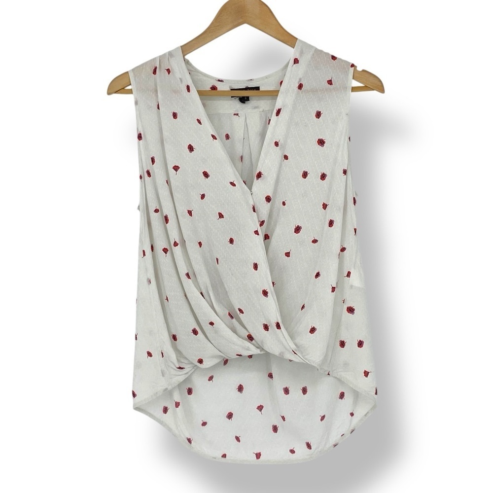 Rag & Bone White and Red Flower Print Polka Dot Faux Wrap Sleeveless Women's Top